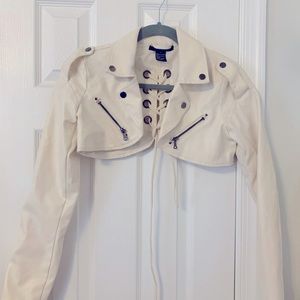 Cropped cream faux leather jacket